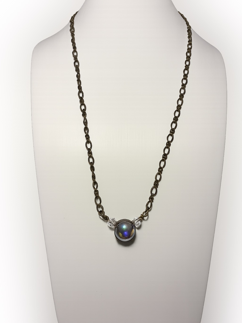 Vintage Iridescent Glass Orb Necklace Antique Brass Celestial Artisan Jewelry